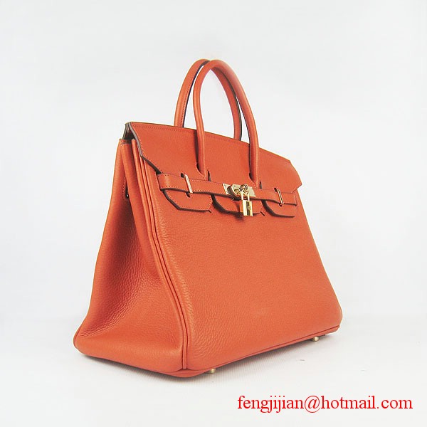 Hermes 35cm Embossed Veins Leather Bag Orange 6089 Gold Hardware
